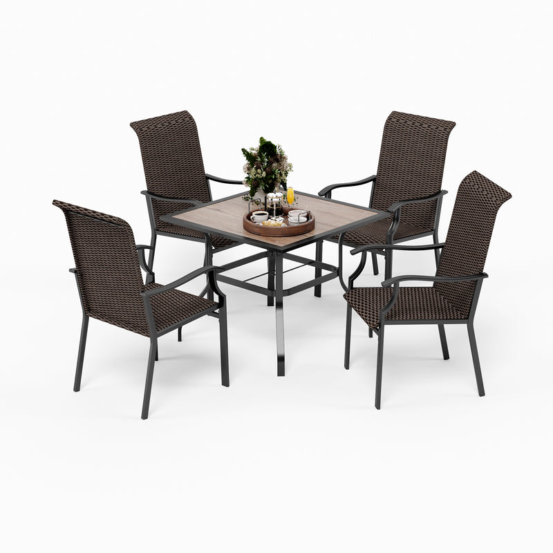 PHI VILLA 5-Piece Patio Dining Set with 4 Rattan Dining Chairs & Wood-look Square Table