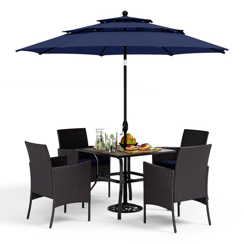 PHI VILLA 6-Piece Outdoor Dining Set with 10ft Umbrella & Wood-Look Square Table & Cushioned Rattan Chairs