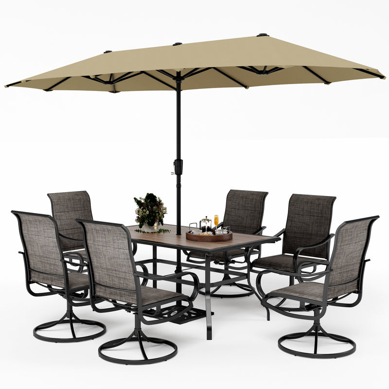 PHI VILLA 8-Piece Patio Dining Set with 13ft Umbrella & Rectangle Table & Padded Swivel Textilene Chairs