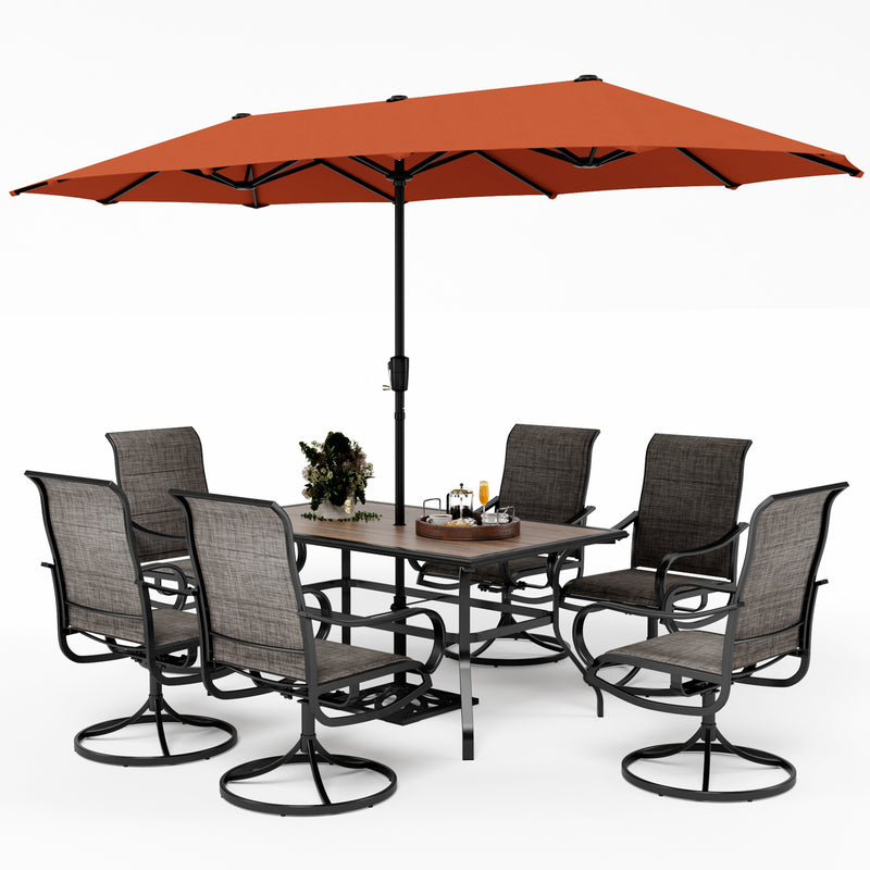 PHI VILLA 8-Piece Patio Dining Set with 13ft Umbrella & Rectangle Table & Padded Swivel Textilene Chairs