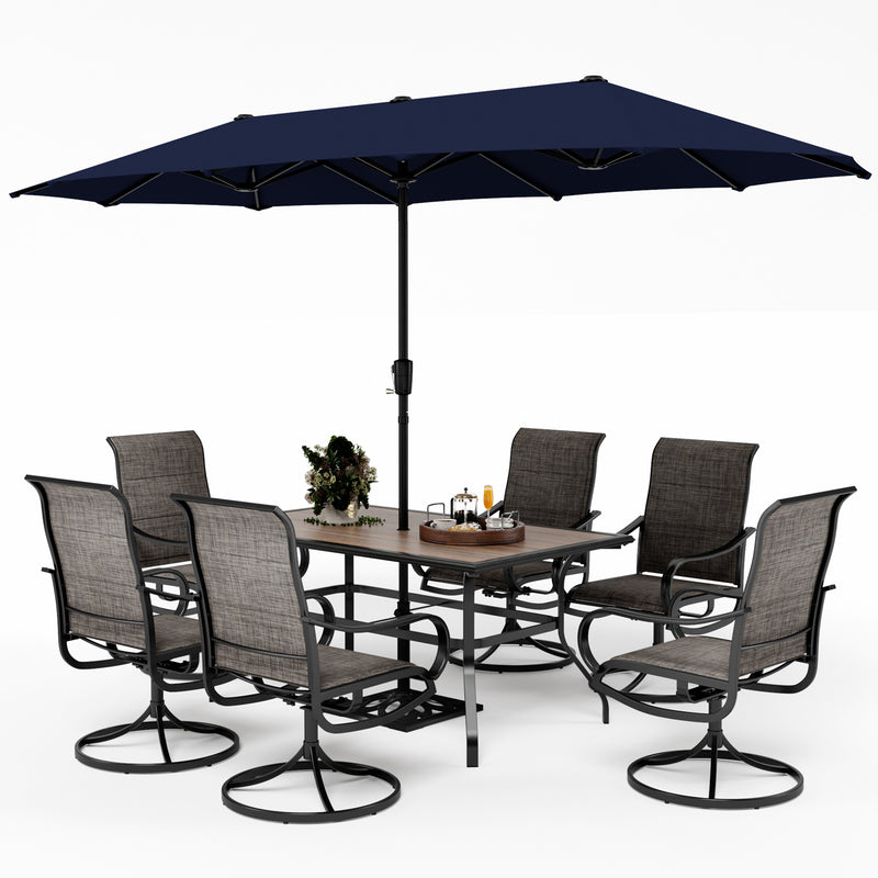 PHI VILLA 8-Piece Patio Dining Set with 13ft Umbrella & Rectangle Table & Padded Swivel Textilene Chairs