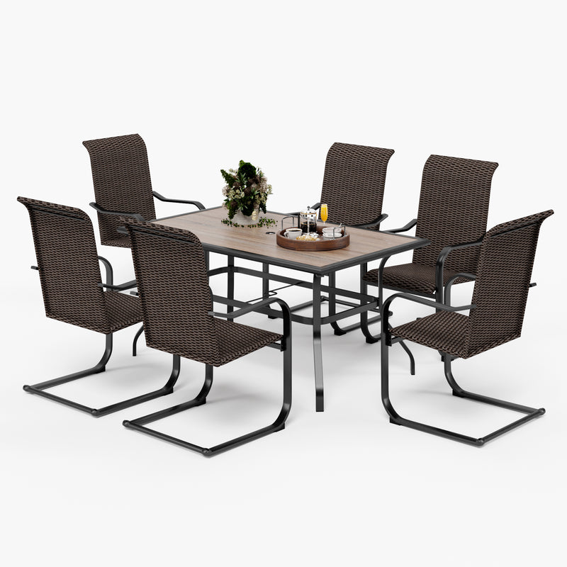 Phi Villa 7-Piece Patio Dining Set with Steel Rectangle Table & 6 Rattan C-spring Chairs