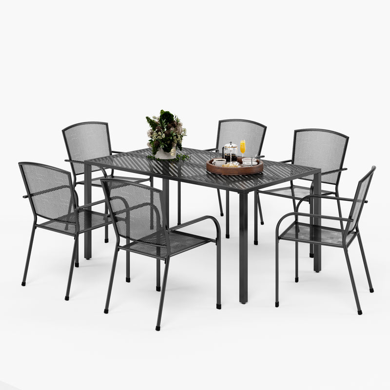 Phi Villa 7-Piece Outdoor Dining Set 6 Mesh Fixed Chairs & Steel Rectangle Table