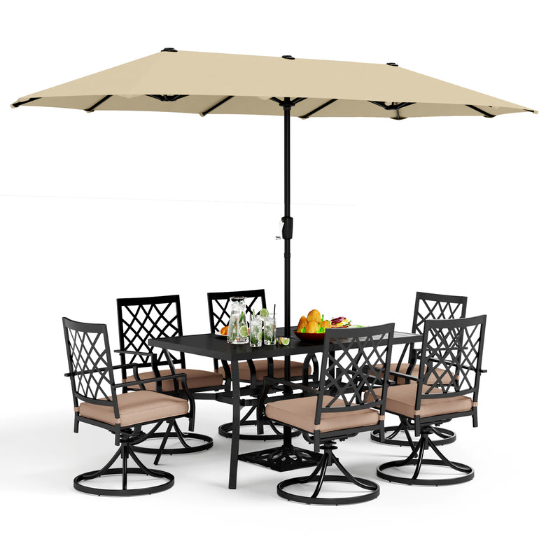 PHI VILLA 8-Piece Patio Dining Set with 13ft Umbrella & Steel Rectangle Table & Swivel Metal Steel Chairs