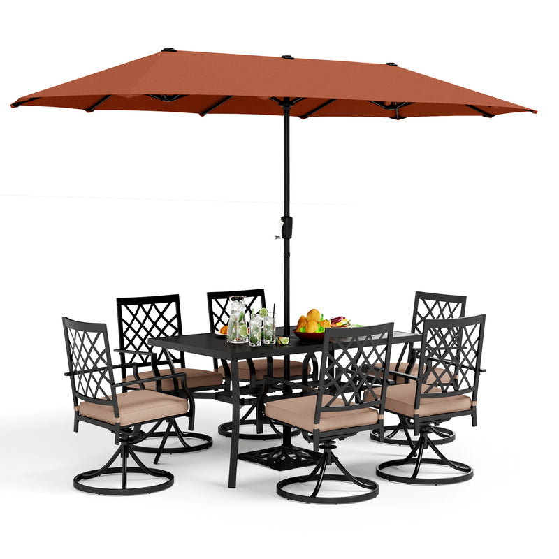 PHI VILLA 8-Piece Patio Dining Set with 13ft Umbrella & Steel Rectangle Table & Swivel Metal Steel Chairs