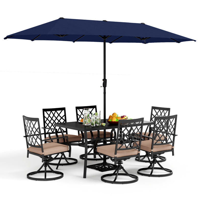 PHI VILLA 8-Piece Patio Dining Set with 13ft Umbrella & Steel Rectangle Table & Swivel Metal Steel Chairs