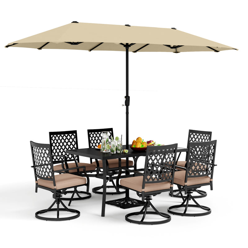 PHI VILLA 8-Piece Patio Dining Set with 13ft Umbrella & Steel Rectangle Table & Swivel Metal Steel Chairs