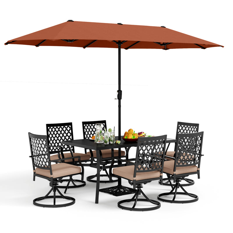 PHI VILLA 8-Piece Patio Dining Set with 13ft Umbrella & Steel Rectangle Table & Swivel Metal Steel Chairs