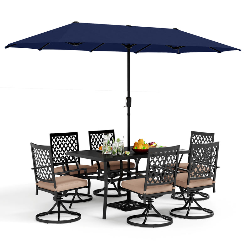 PHI VILLA 8-Piece Patio Dining Set with 13ft Umbrella & Steel Rectangle Table & Swivel Metal Steel Chairs