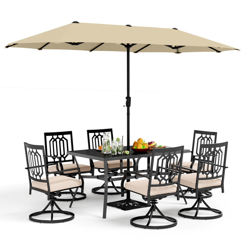 PHI VILLA 8-Piece Patio Dining Set with 13ft Umbrella & Steel Rectangle Table & Swivel Metal Steel Chairs