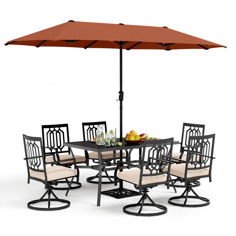 PHI VILLA 8-Piece Patio Dining Set with 13ft Umbrella & Steel Rectangle Table & Swivel Metal Steel Chairs