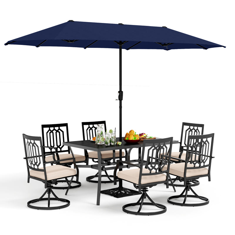 PHI VILLA 8-Piece Patio Dining Set with 13ft Umbrella & Steel Rectangle Table & Swivel Metal Steel Chairs