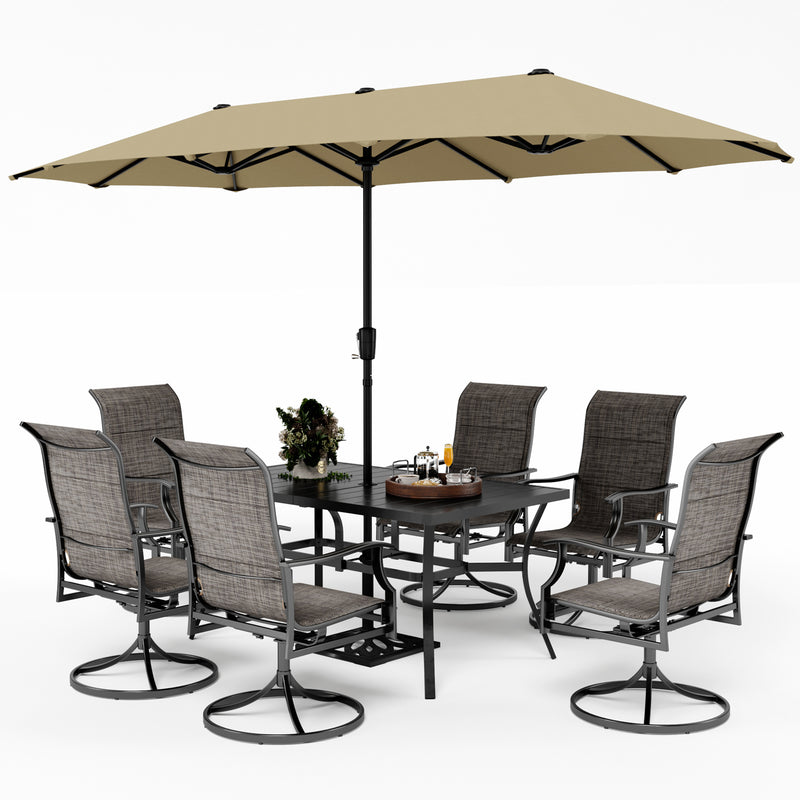 PHI VILLA 8-Piece Outdoor Dining Set with 13ft Umbrella & Rectangle Steel Table & Swivel Textilene Wave Arm Chairs