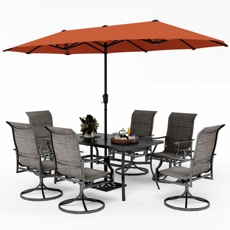 PHI VILLA 8-Piece Outdoor Dining Set with 13ft Umbrella & Rectangle Steel Table & Swivel Textilene Wave Arm Chairs