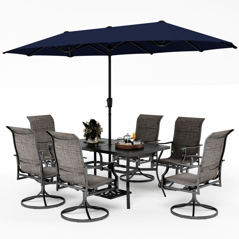 PHI VILLA 8-Piece Outdoor Dining Set with 13ft Umbrella & Rectangle Steel Table & Swivel Textilene Wave Arm Chairs