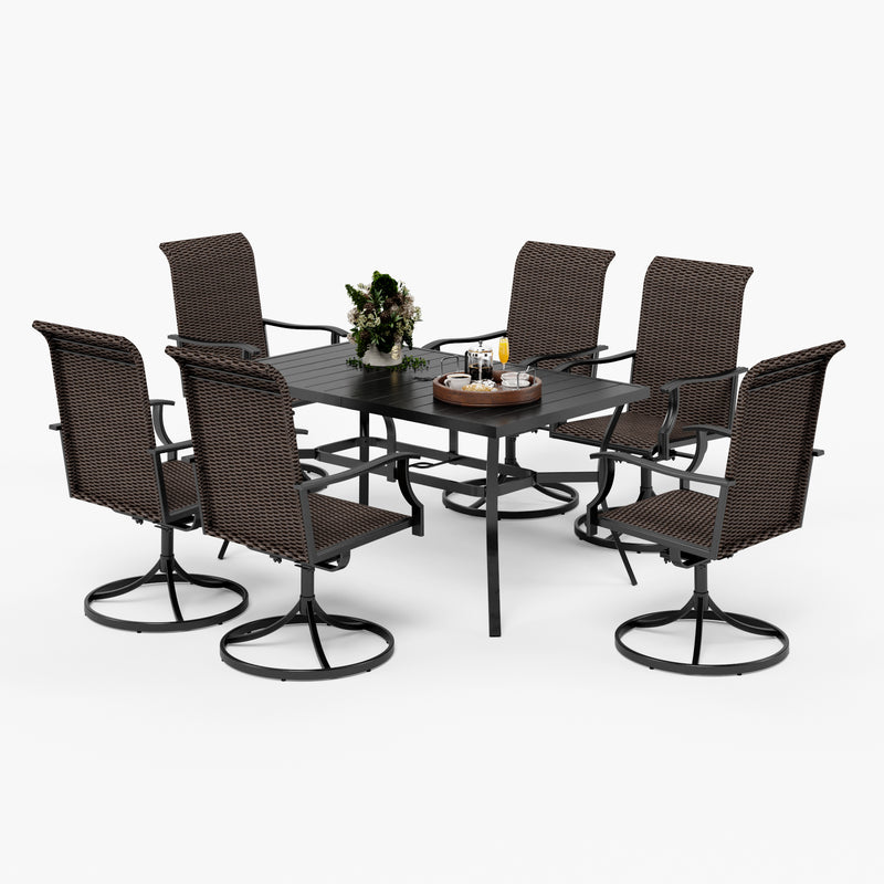 PHI VILLA 7-Piece Patio Dining Set Steel Panel Table & 6 Rattan Swivel Chairs