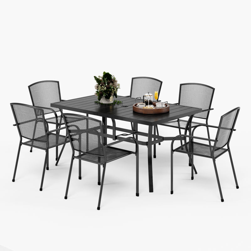 Phi Villa 7-Piece Outdoor Dining Set 6 Mesh Fixed Chairs & Steel Rectangle Table