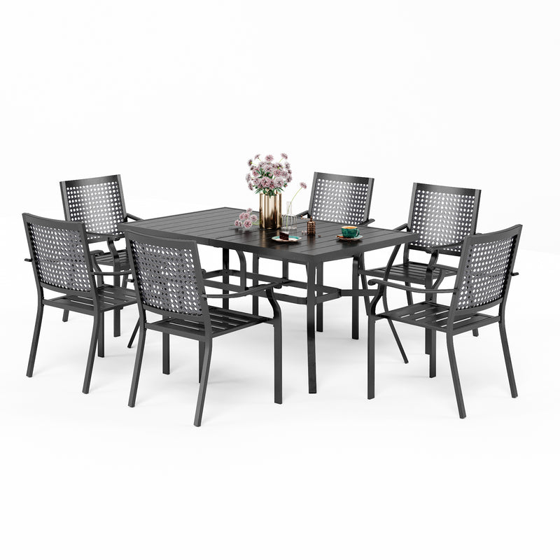 Phi Villa 7-Piece Patio Dining Set 6 Fixed Stackable Chairs & Steel Rectangle Table