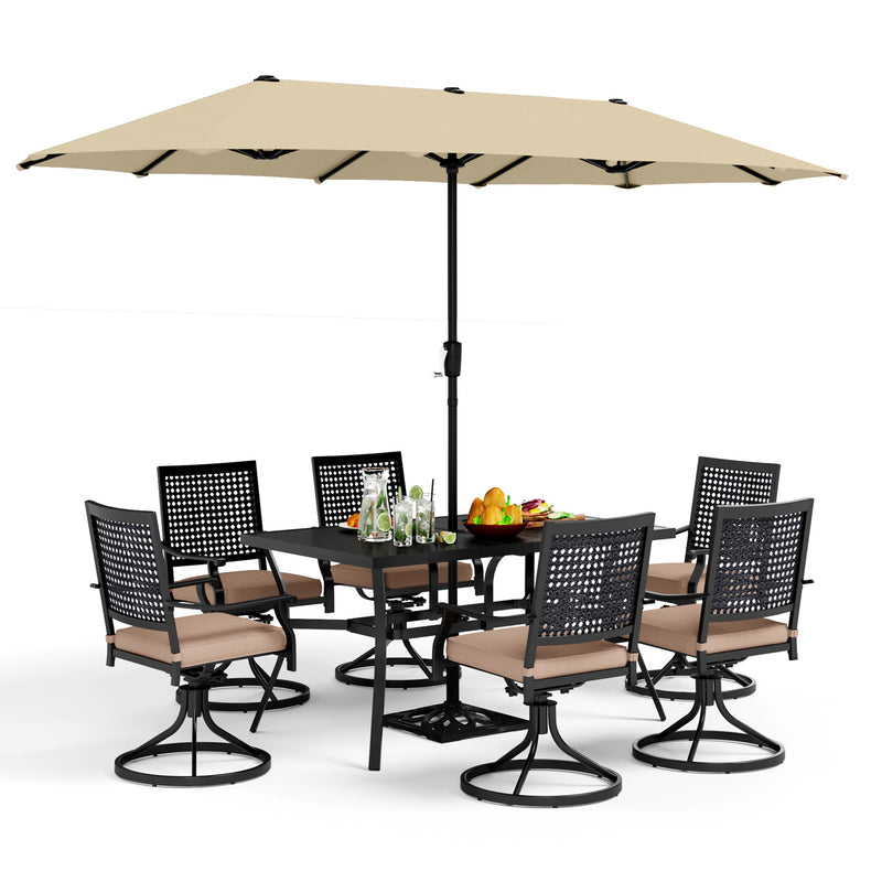 PHI VILLA 8-Piece Outdoor Dining Set with 13ft Umbrella & Steel Rectangle Table & Bullseye Pattern Swivel Steel Chairs