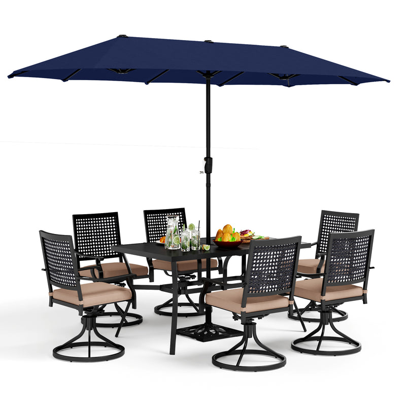 PHI VILLA 8-Piece Outdoor Dining Set with 13ft Umbrella & Steel Rectangle Table & Bullseye Pattern Swivel Steel Chairs