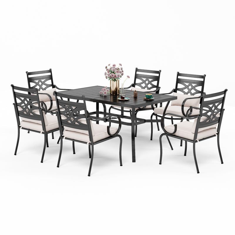 PHI VILLA 7-Piece Outdoor Dining Set 6 Fixed Chairs and Steel Rectangle Table