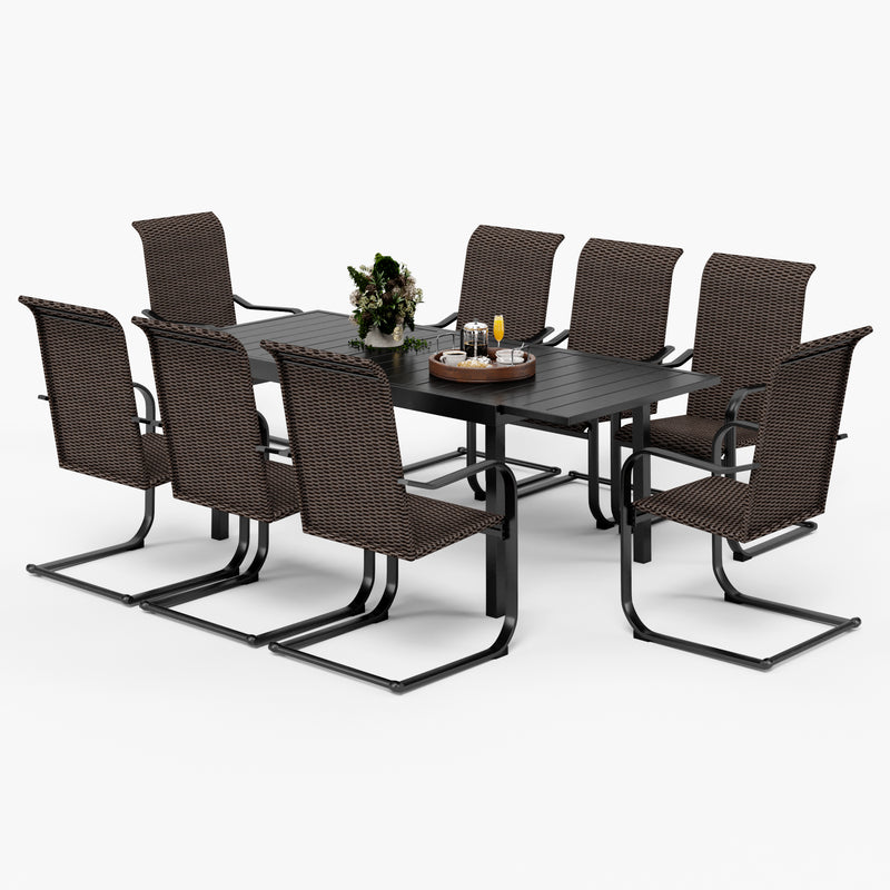 Phi Villa 7-Piece/9-Piece Patio Outdoor Dining Set with Steel Extendable Table & Rattan C-spring Chairs