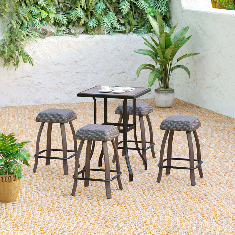 PHI VILLA Patio Bar Stool Set Rattan Wicker Backless Stools & Wood-look Bar Table