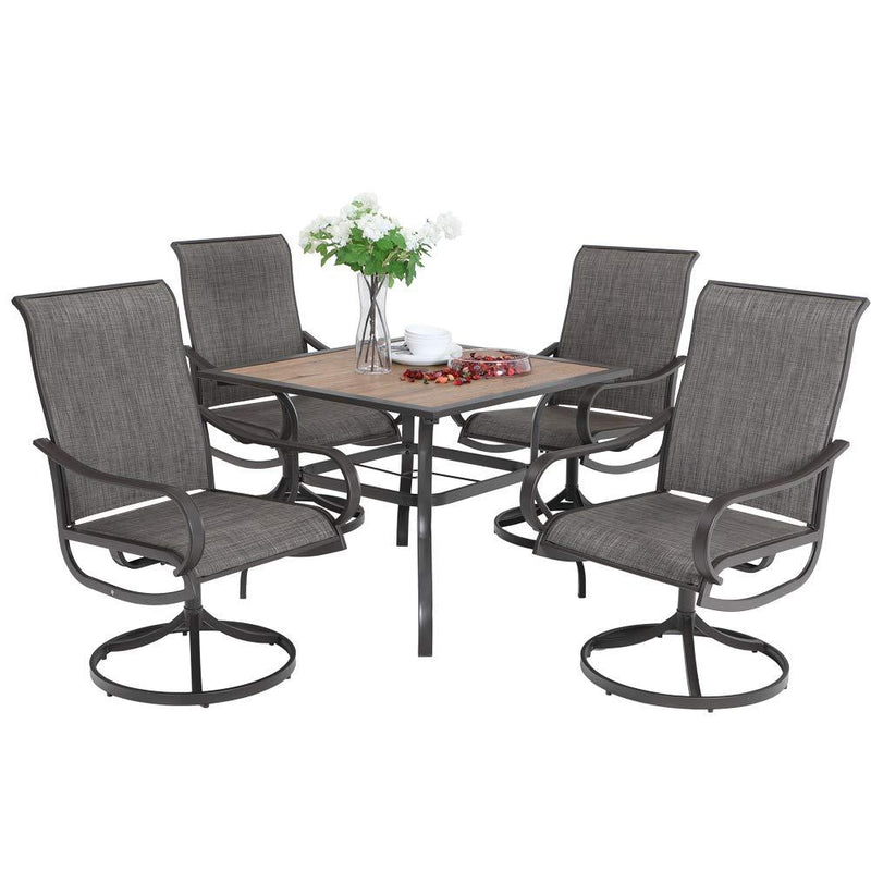 PHI VILLA 5-Piece Outdoor Dining Set Wood-look Square Table & 4 Textilene Swivel Chairs