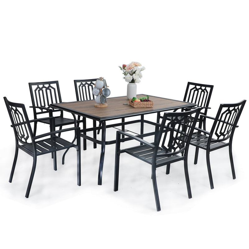 PHI VILLA 7-Piece Outdoor Patio Dining Set with Wood-look Table and 6 Stackable Metal Steel Chairs