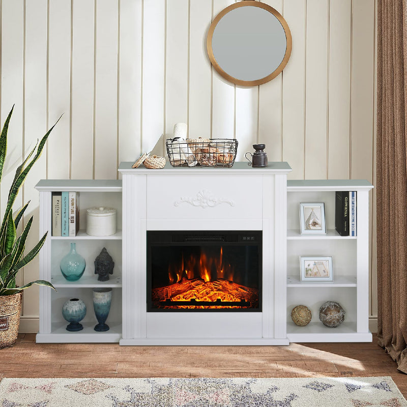 Phi Villa 70'' White Fireplace TV Stand & 23'' Plug-in Fireplace with Storage Shelves