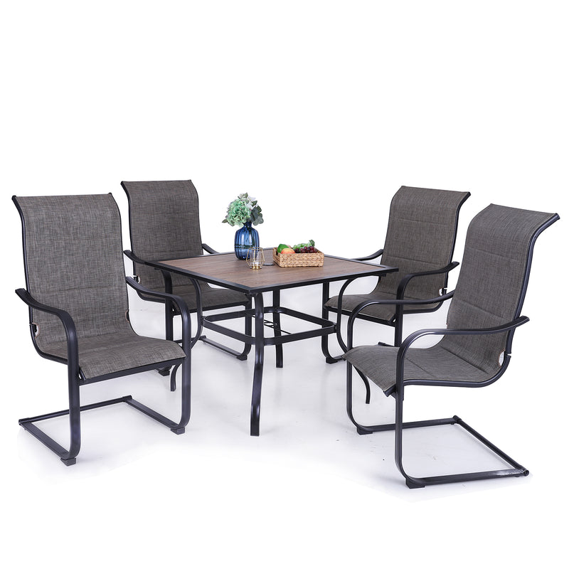 Phi Villa 5-Piece Outdoor Dining Set Wood-look Square Table & 4 Textilene C-spring Chairs