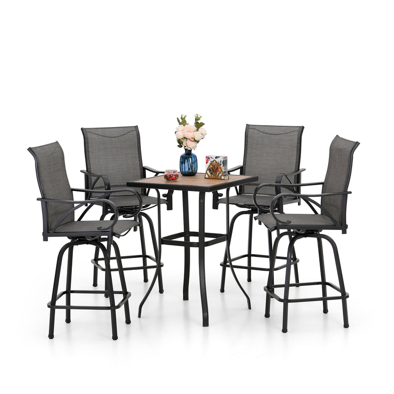 PHI VILLA 3/5 Piece Patio Bar Set of 1  Wood-look Coffee Table & Swivel Textilene Bar Stools