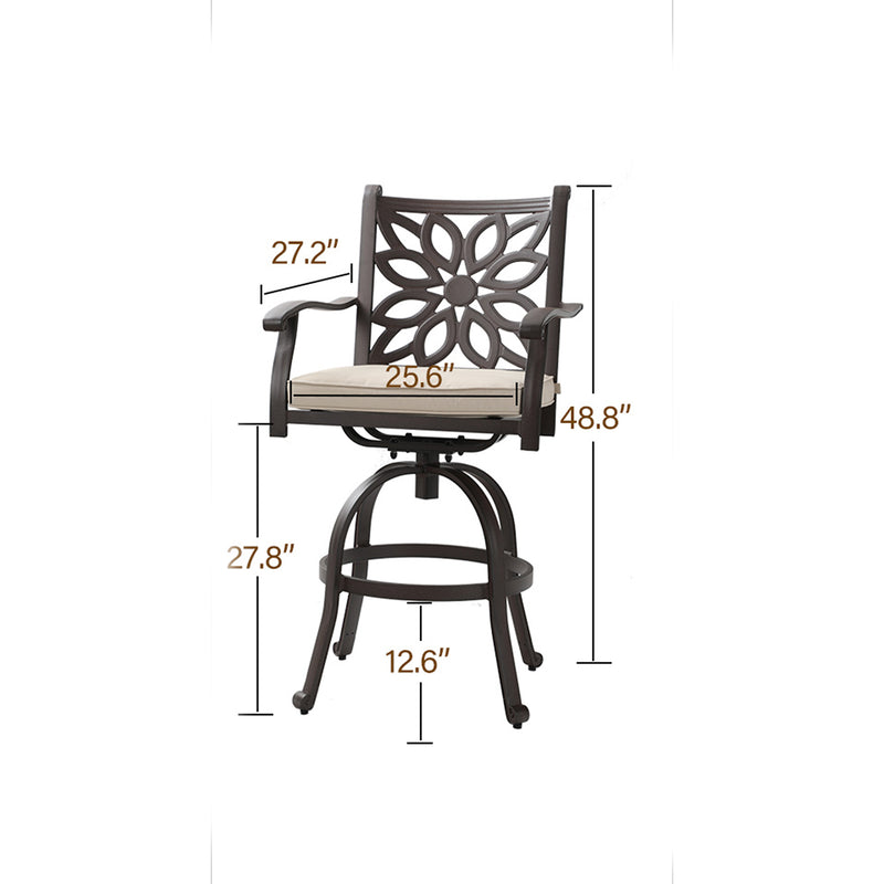 Phi Villa 3-Piece Cast Aluminum Square Table & 2 Patio High Swivel Bistro Bar Stools Chairs Set