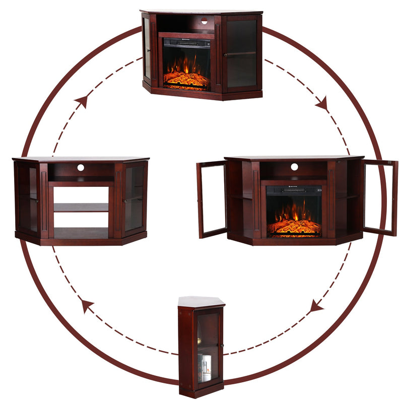 Phi Villa 48 Inch Wooden Hexagonal Electric Fireplace Corner TV Stand with Open Storage Shelves , Cabinets & Glass Door- Brown
