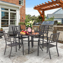 PHI VILLA 5-Piece Outdoor Dining Set 4 Patterned Stackable Chairs and Steel Slat Round Table