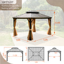 PHI VILLA 10' X 12' Outdoor Hardtop Gazebo Double Roof Canopy with Curtains and Netting