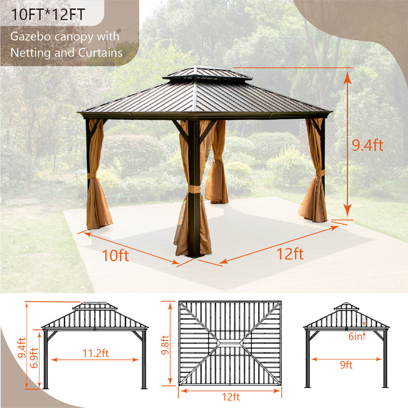 PHI VILLA 10' X 12' Outdoor Hardtop Gazebo Double Roof Canopy with Curtains and Netting