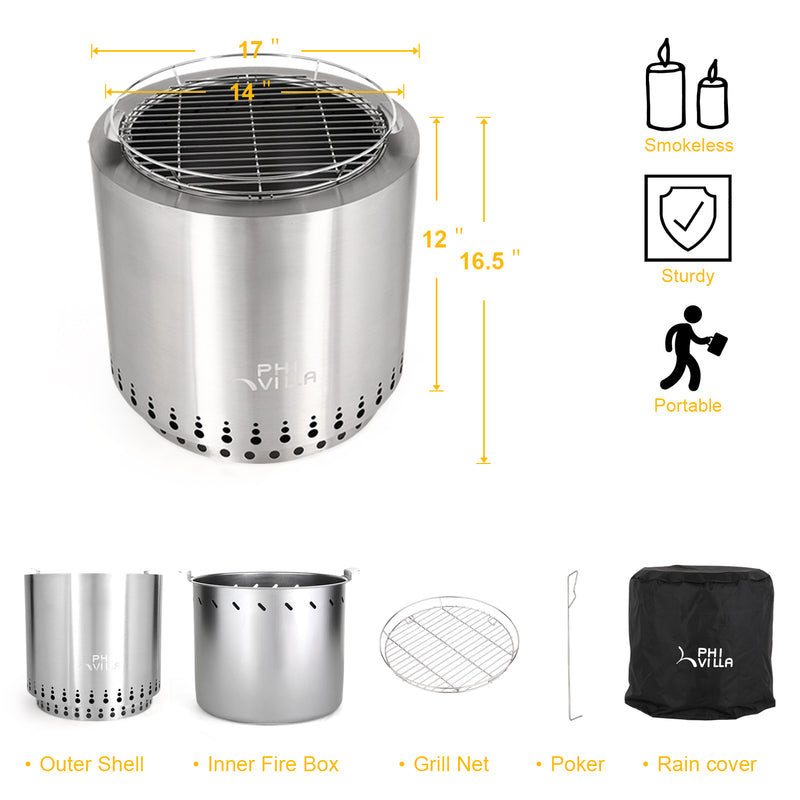 Phi Villa 2-in-1 Smokeless Stainless Steel 17'' Fire Pit & Patio Grill