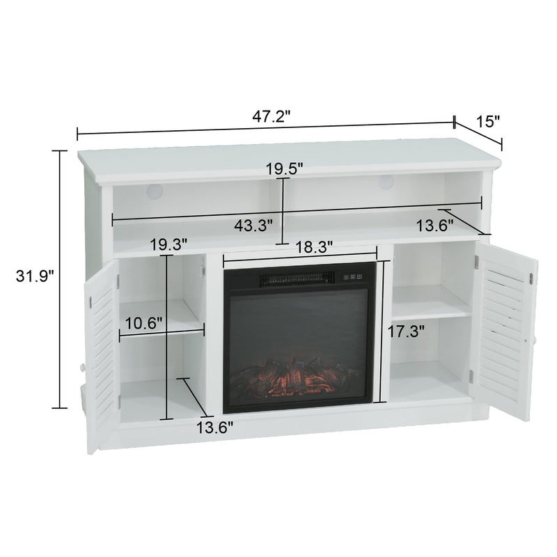 PHI VILLA 47" 1400W Electric Fireplace TV Stand Heater with Built-In Bookshelves and Cupboards - White