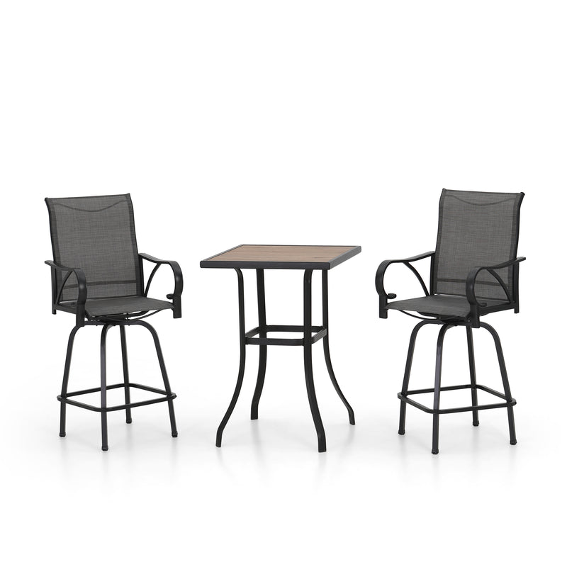 PHI VILLA 3/5 Piece Patio Bar Set of 1  Wood-look Coffee Table & Swivel Textilene Bar Stools