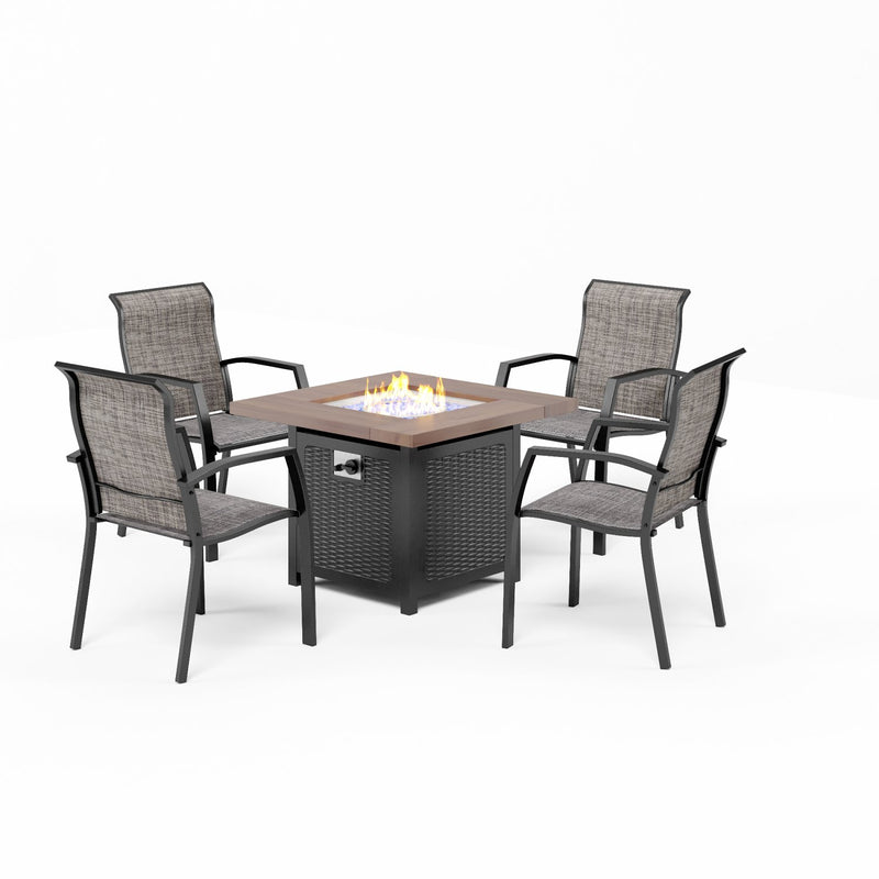 PHI VILLA 5-Piece Patio Fire Pit Set Textilene Fixed Chairs & 50,000BTU Square Table