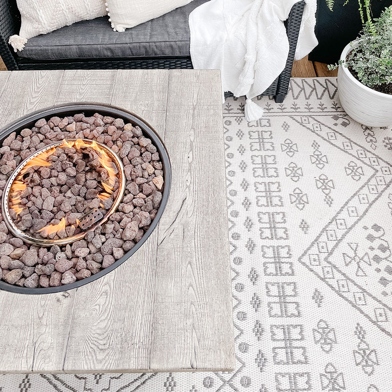 PHI VILLA 32 Inch 50,000 BTU Outdoor Terrafab Square Gas Fire Pit Table With Lid & Lava Rocks & PVC Cover