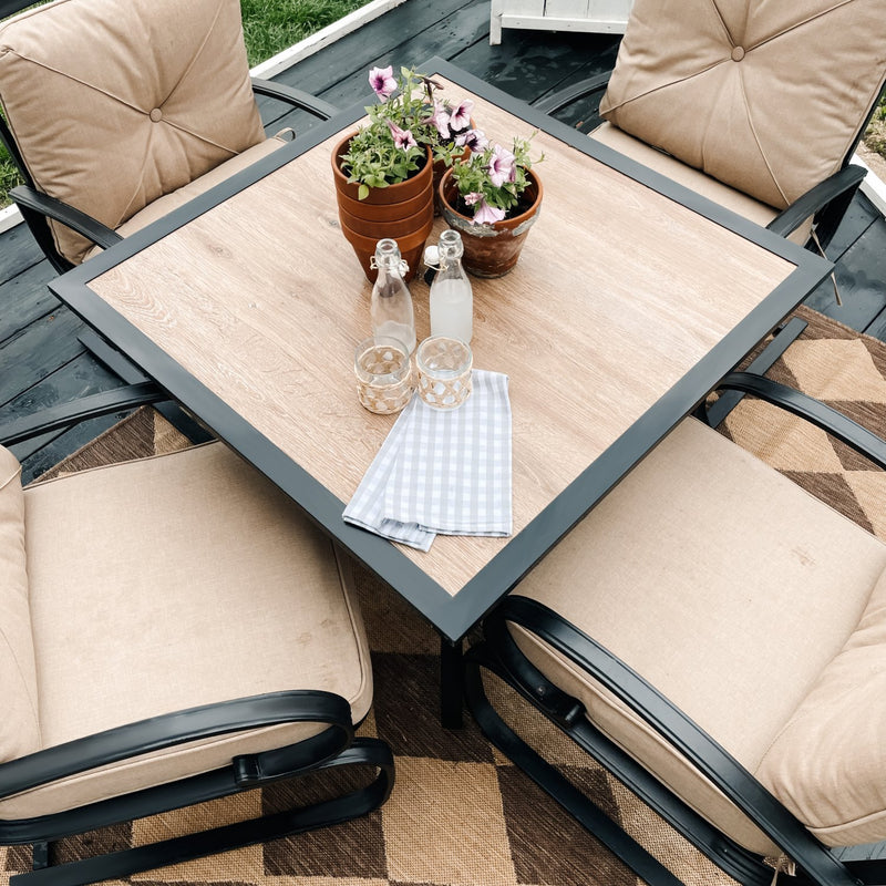 PHI VILLA 5-Piece Outdoor Dining Set With Steel Square Table & 4 C-Spring Cushioned Chairs