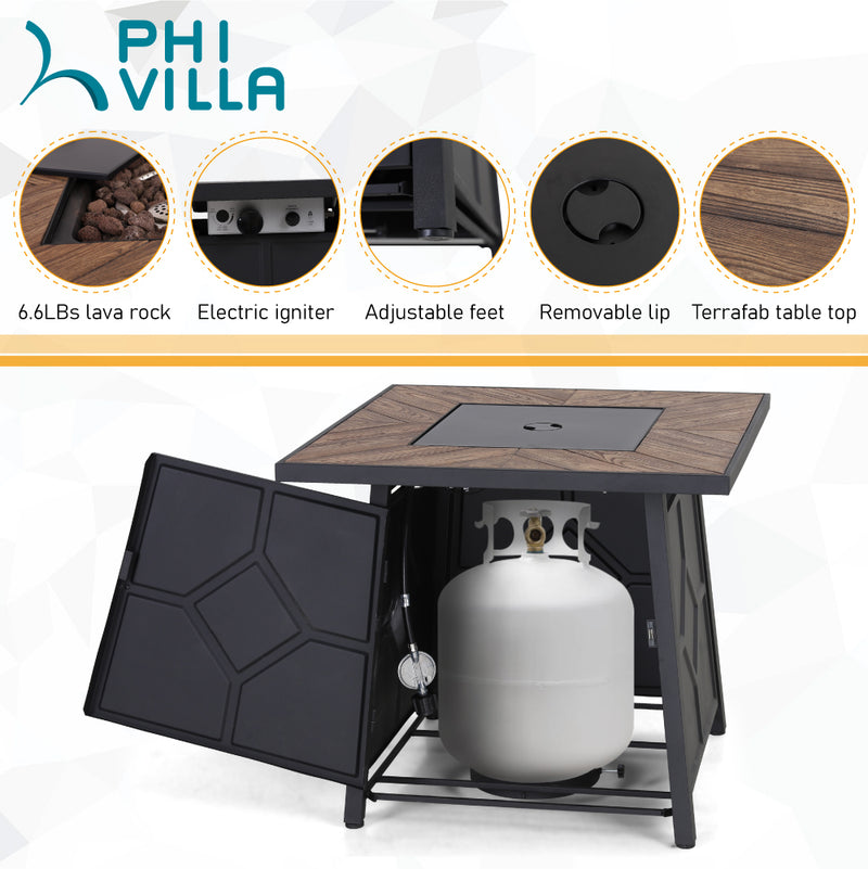 PHI VILLA 28 Inch 40,000 BTU Outdoor Terrafab Square Gas Fire Pit Table With Lid and Lava Rocks, PVC Cover