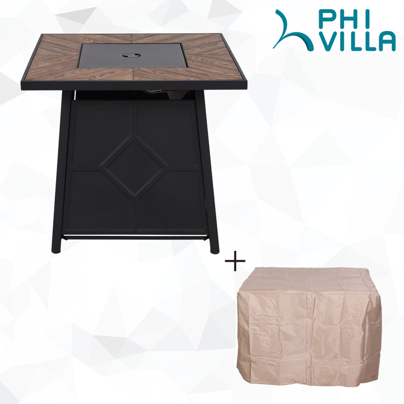 PHI VILLA 28 Inch 40,000 BTU Outdoor Terrafab Square Gas Fire Pit Table With Lid and Lava Rocks, PVC Cover