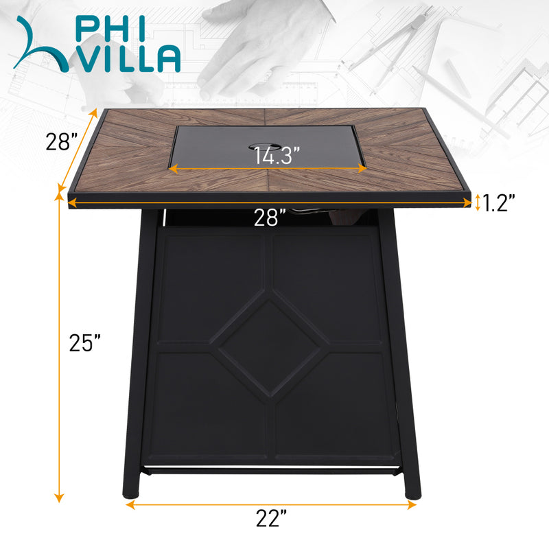 PHI VILLA 5-Piece Outdoor Fire Pit Set Steel Swivel Chairs &  28” 40000BTU TerraFab Square Fire Pit Table