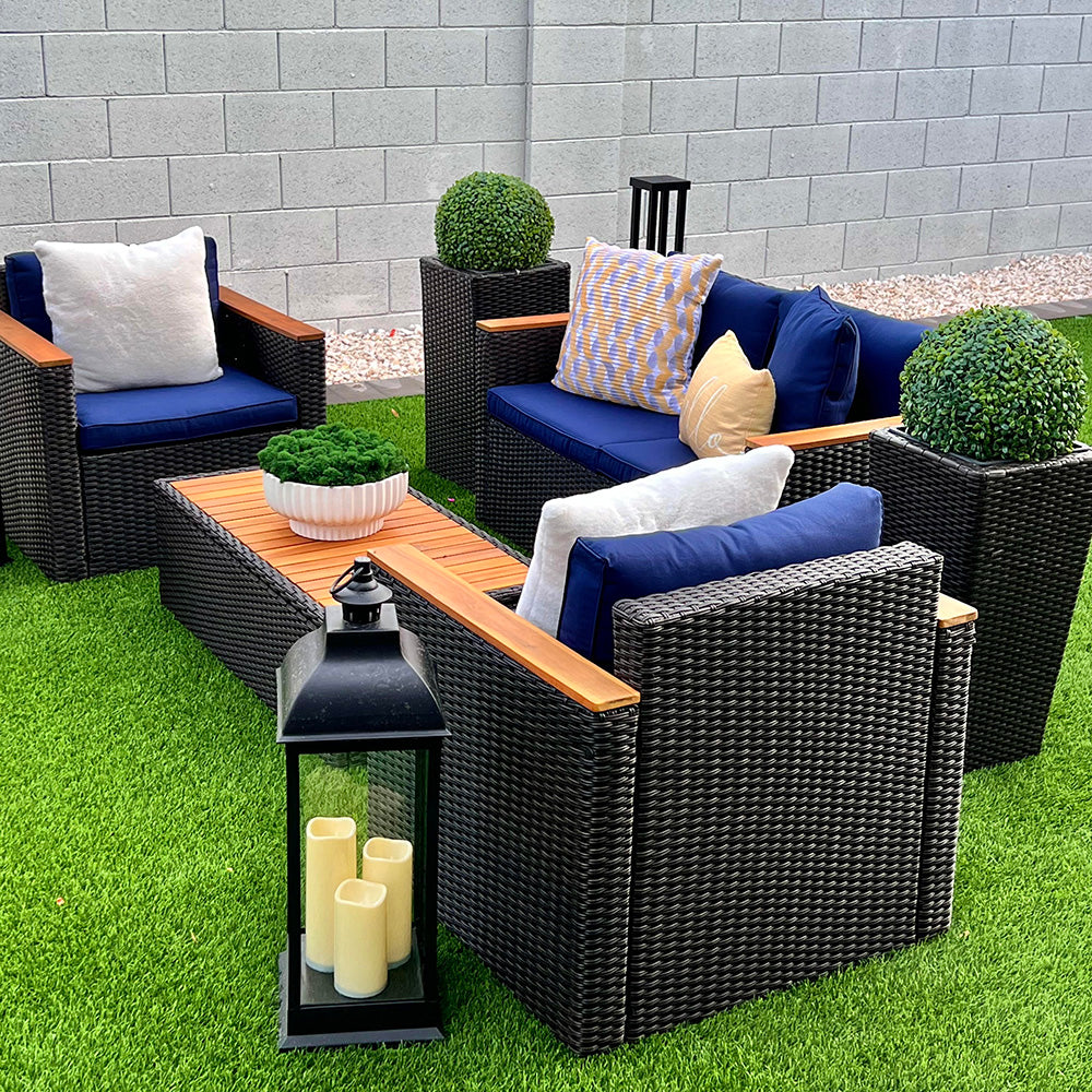PHI VILLA 4 Piece Outdoor Rattan Wood Sectional Sofa Conversation Se