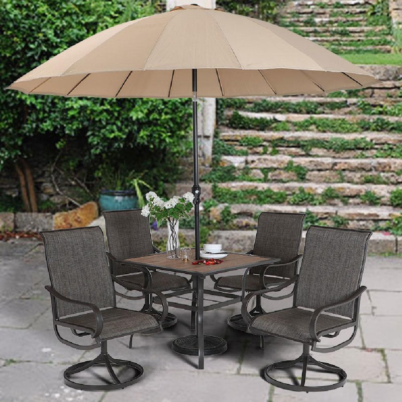 PHI VILLA 5-Piece Outdoor Dining Set Wood-look Square Table & 4 Textilene Swivel Chairs