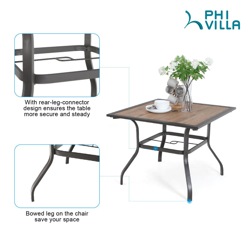 PHI VILLA 5-Piece Outdoor Dining Set Wood-look Square Table & 4 Textilene Swivel Chairs