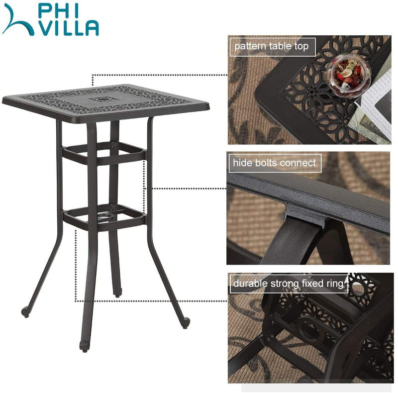 Phi Villa 3-Piece Cast Aluminum Square Table & 2 Patio High Swivel Bistro Bar Stools Chairs Set
